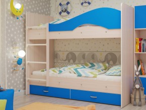 Кровать 2-х ярусная Мая с ящиками на латофлексах млечный дуб/синий в Кунгуре - kungur.magazinmebel.ru | фото