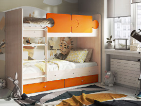 Кровать двухъярусная Тетрис латы с бортиками дуб млечный-оранжевый в Кунгуре - kungur.magazinmebel.ru | фото